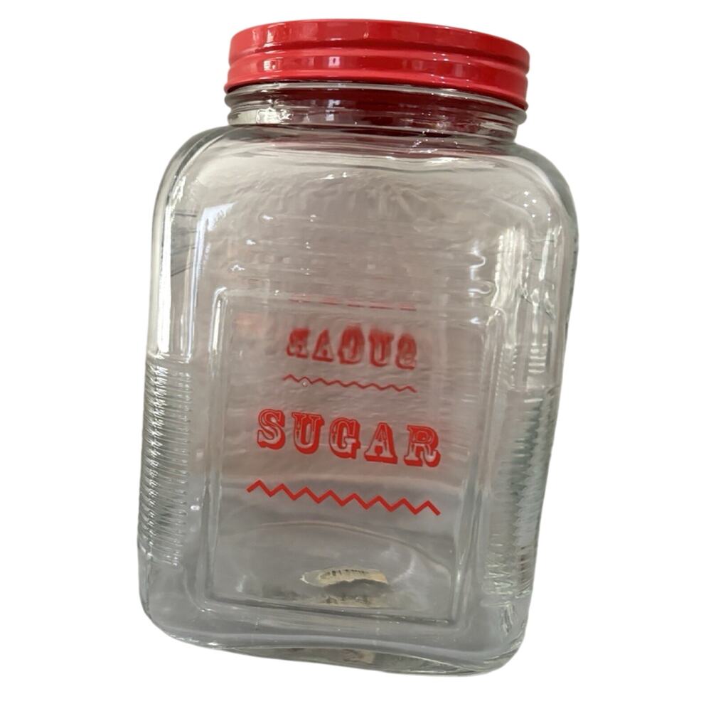 Kitchen Hoosier Cabinet Art Deco Ribbed Glass Canister Jar Red Lid SUGAR Vintage